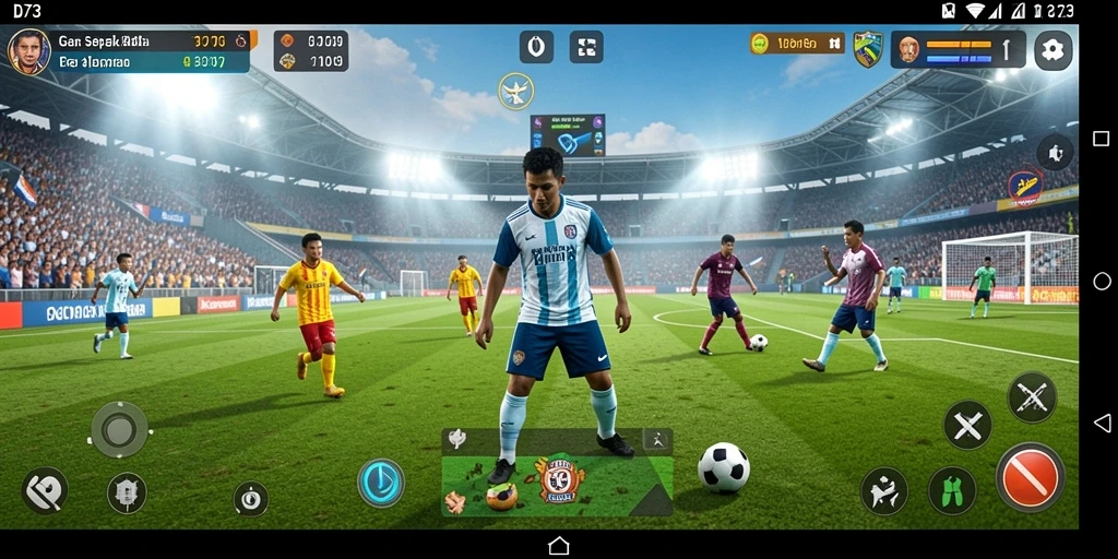Screenshot D73 menampilkan pemain yang beraksi di lapangan sepak bola.