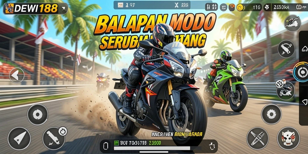 Gameplay seru DEWI188 menampilkan balapan motor yang cepat dan mendebarkan.