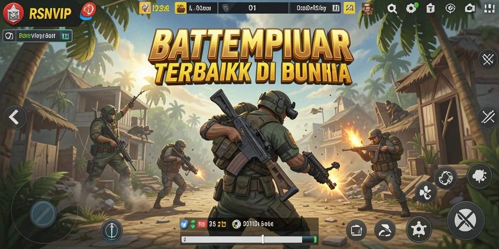 Gameplay RSNVIP menampilkan aksi pertempuran seru di arena Battle Royale.